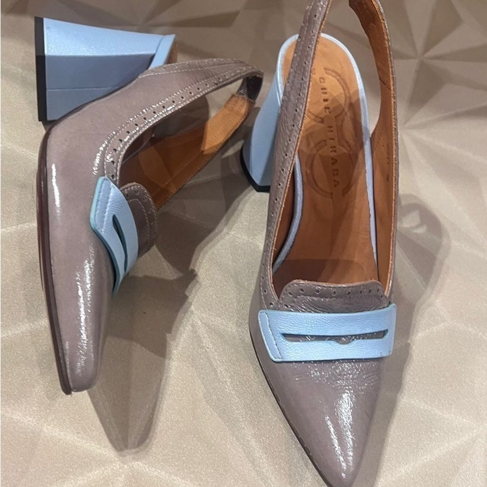 Chie Mihara Patent Leather Slingback Heels EU 36 Made in Spain Taupe & Blue NWT - Picture 5 of 9